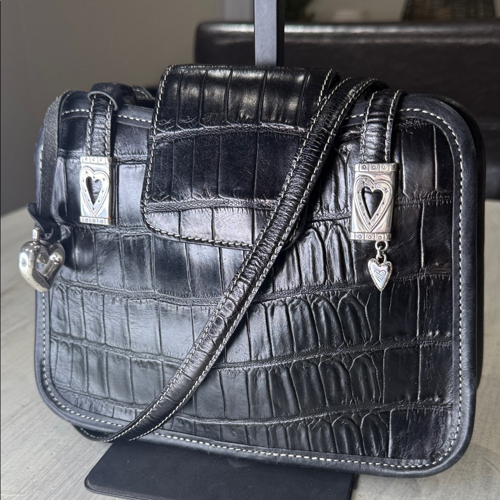 Brighton Crocodile Embossed Small Leather Shoulder Bag with Silver Accents